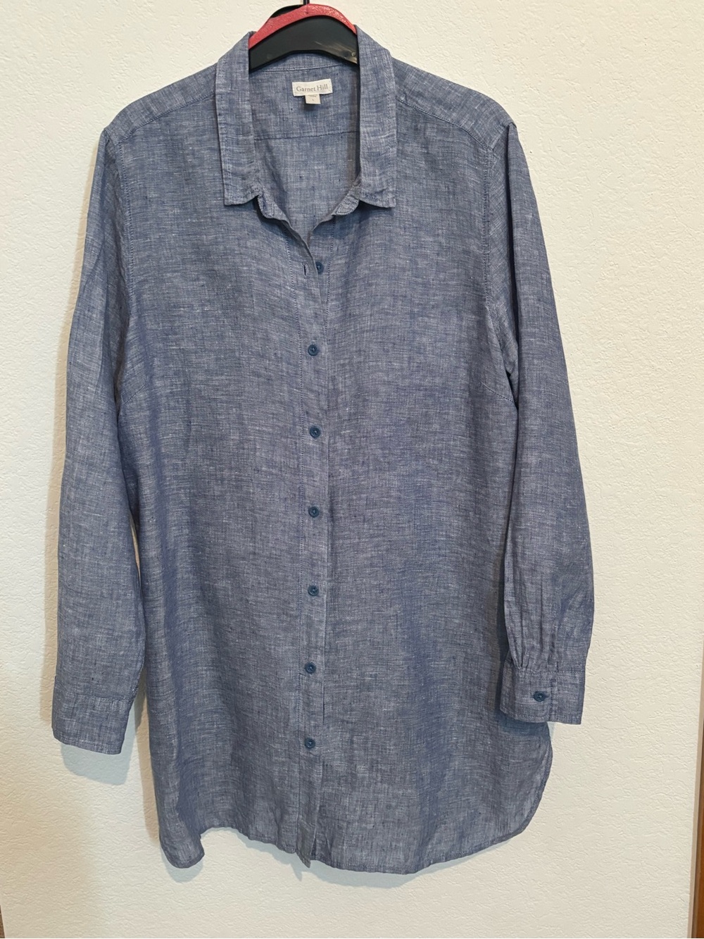 Garnet Hill Casual Blue 100% Linen Button-Up Long Shirt